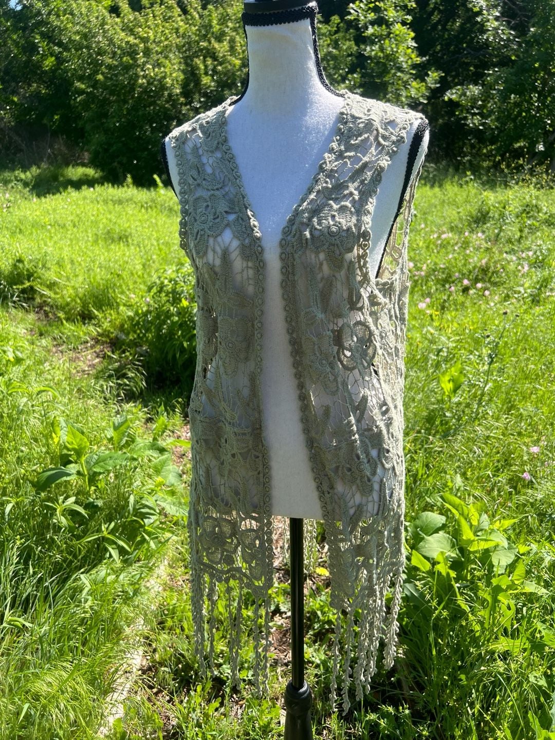 Cato Sage Green Floral Lace Fringe Boho Vest Size L 2