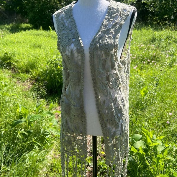 Cato Sage Green Floral Lace Fringe Boho Vest Size L