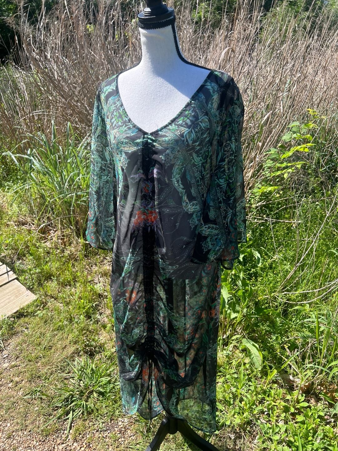 City Chic Sheer Floral Ruched Front Maxi Dress Cover-up Size XS/14 2