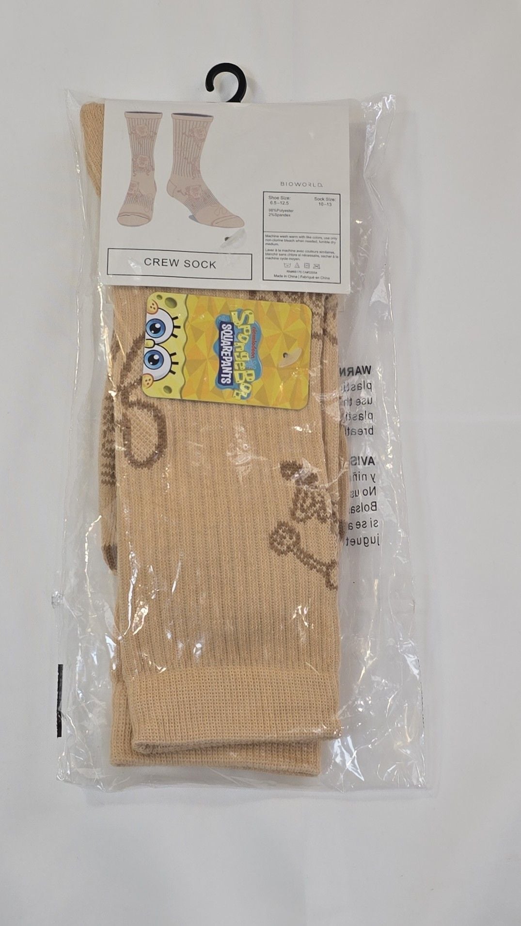 Bioworld SpongeBob SquarePants Tan Character & Flowers Crew Socks Size 10-13 1