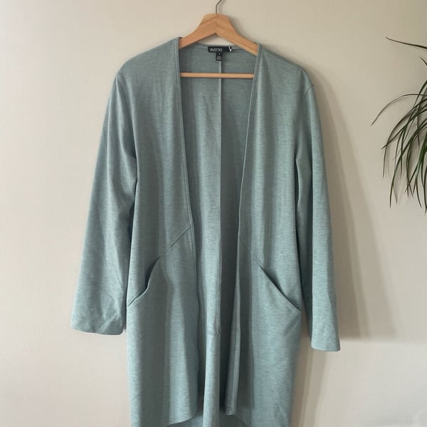 Valette Sage Green Longline Open Front Duster Cardigan with Pockets Size S
