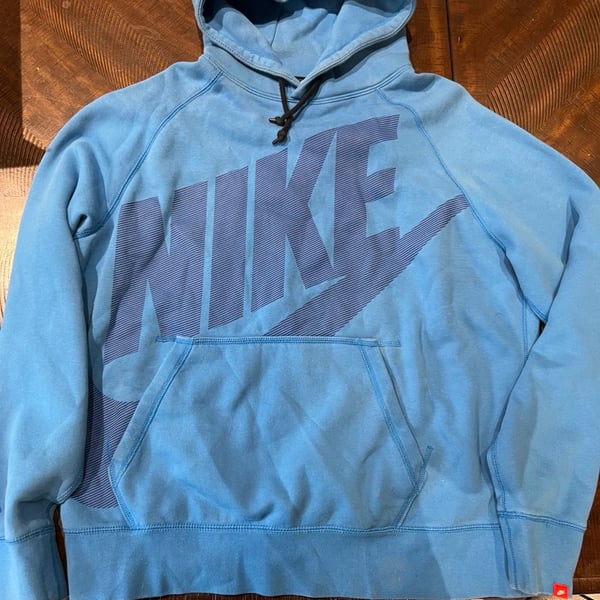 Nike Big Logo Striped Graphic Pullover Hoodie Blue Size XL