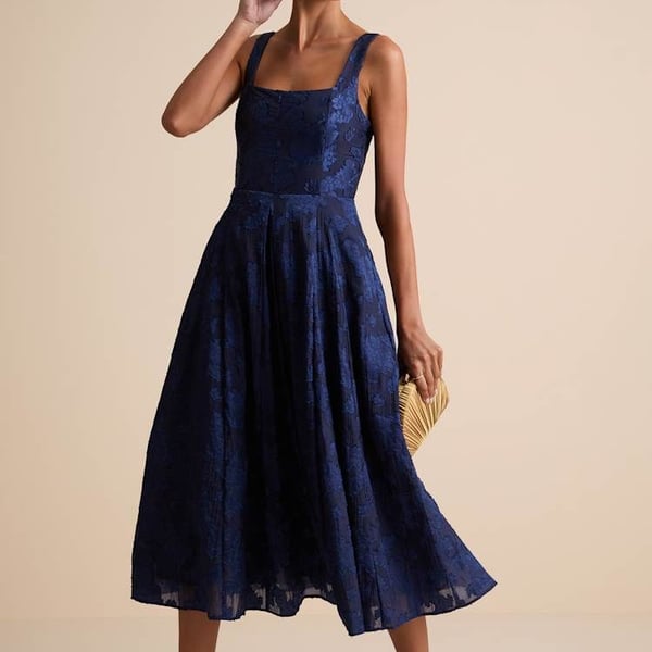 Navy Floral Burnout Dress - Lace-Up Midi Dress - A-Line Dress XL NWT