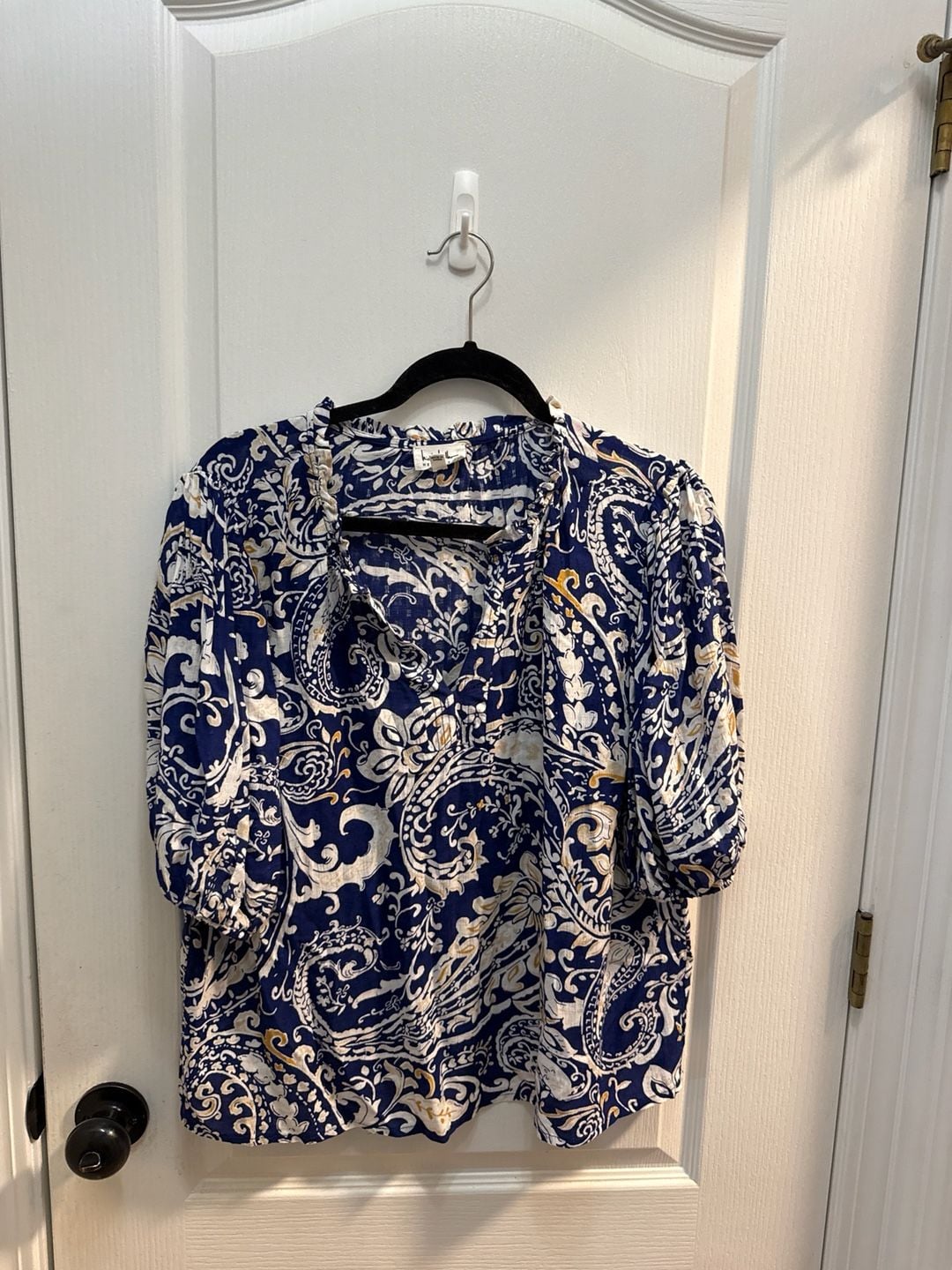 Nicole Miller New York Paisley Print Ruffle Neck Blouse Size L 2