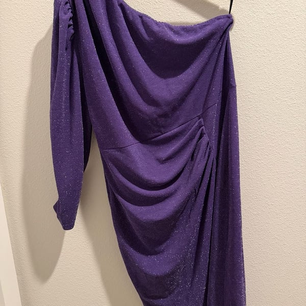 Kim Curvy Purple Glitter One Shoulder Ruched Cocktail Dress Size 16W