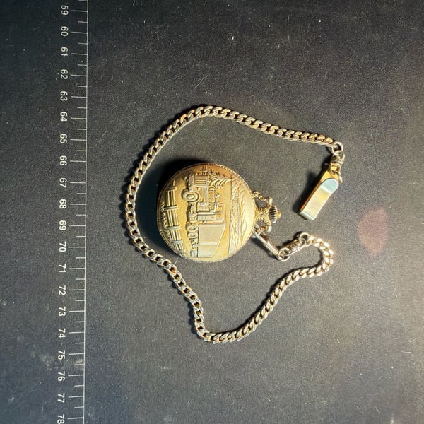Galaxie by Elgin Quartz Pocket Watch with Steam Locomotive Train Design and Chain