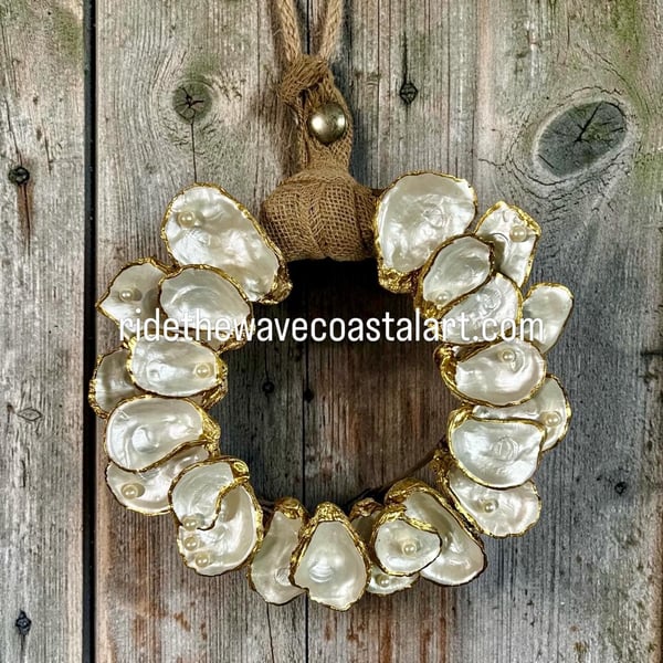 Ride the Wave Coastal Art Gold Edged Oyster Shell Wreath with Pearls