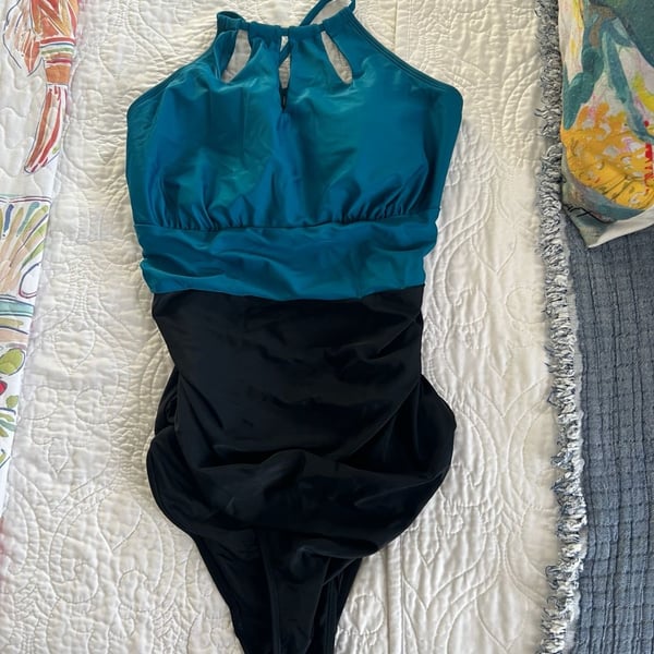 Coastal Blue Women's High Neck Colorblock One Piece Swimsuit, Teal/Black