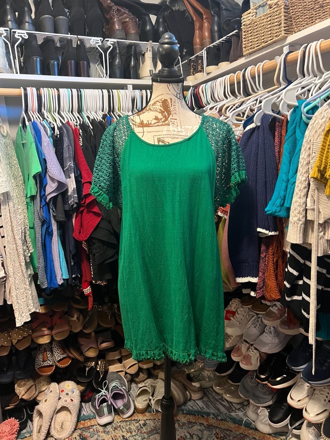 Umgee Emerald Green Crochet Raglan Sleeve Frayed Hem Linen Blend Tunic Top 1
