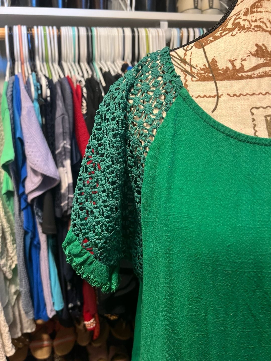 Umgee Emerald Green Crochet Raglan Sleeve Frayed Hem Linen Blend Tunic Top 2