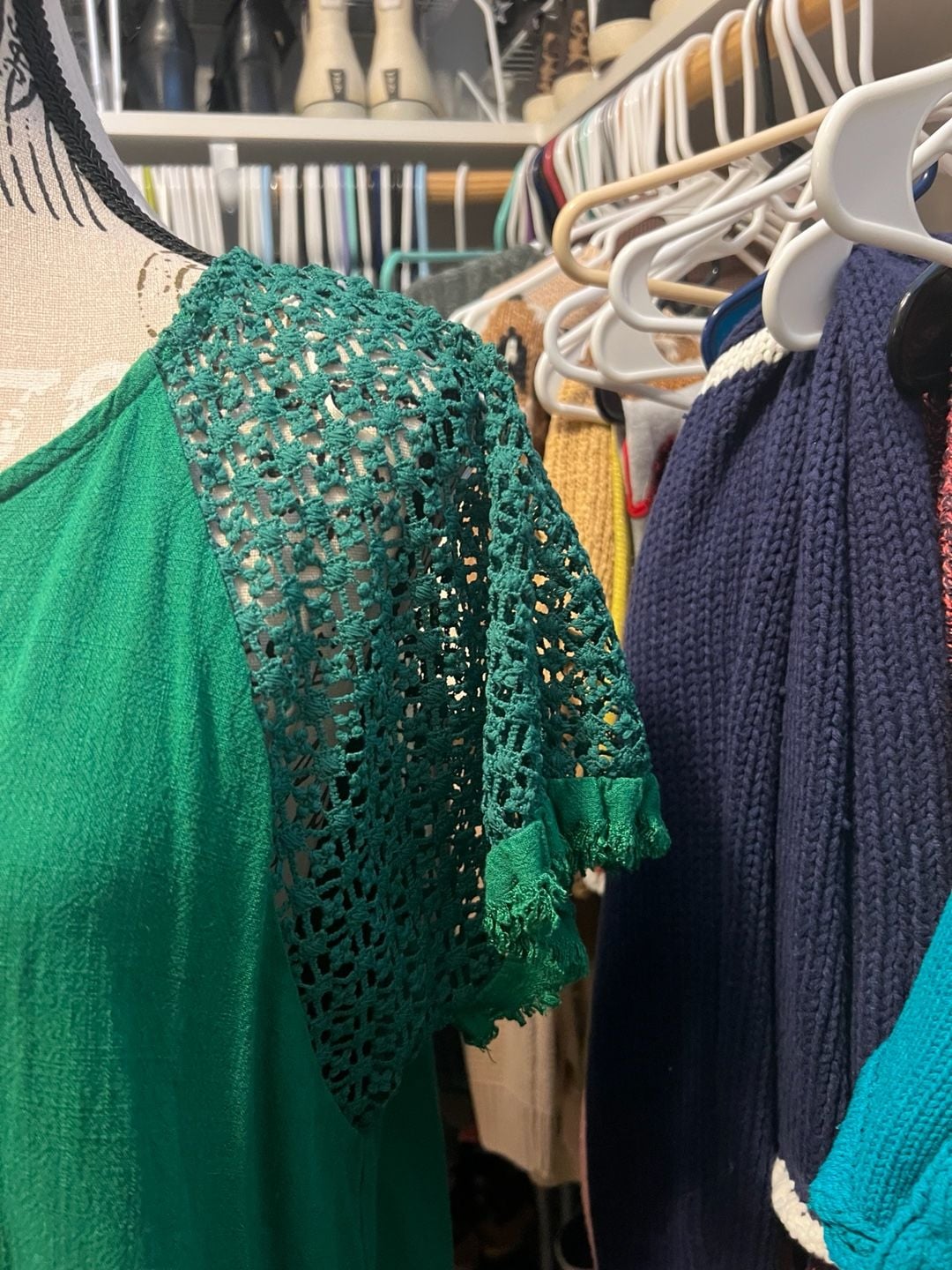 Umgee Emerald Green Crochet Raglan Sleeve Frayed Hem Linen Blend Tunic Top 3