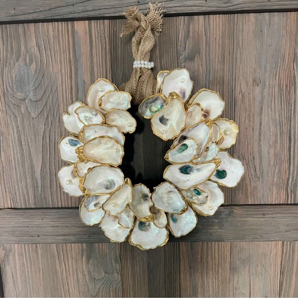 Handmade Coastal Oyster Shell Wreath with Gold Edges and Pearl Accents