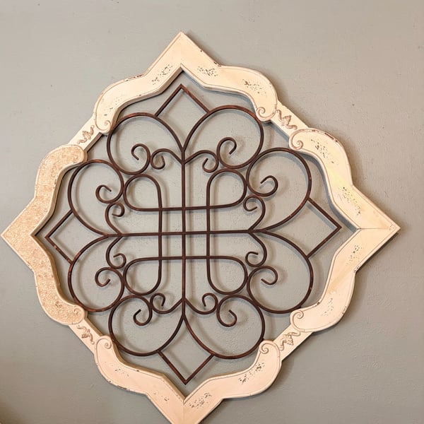 Honeybloom Barbed Quatrefoil Scroll Medallion White Metal & Wood Wall Decor, 36"