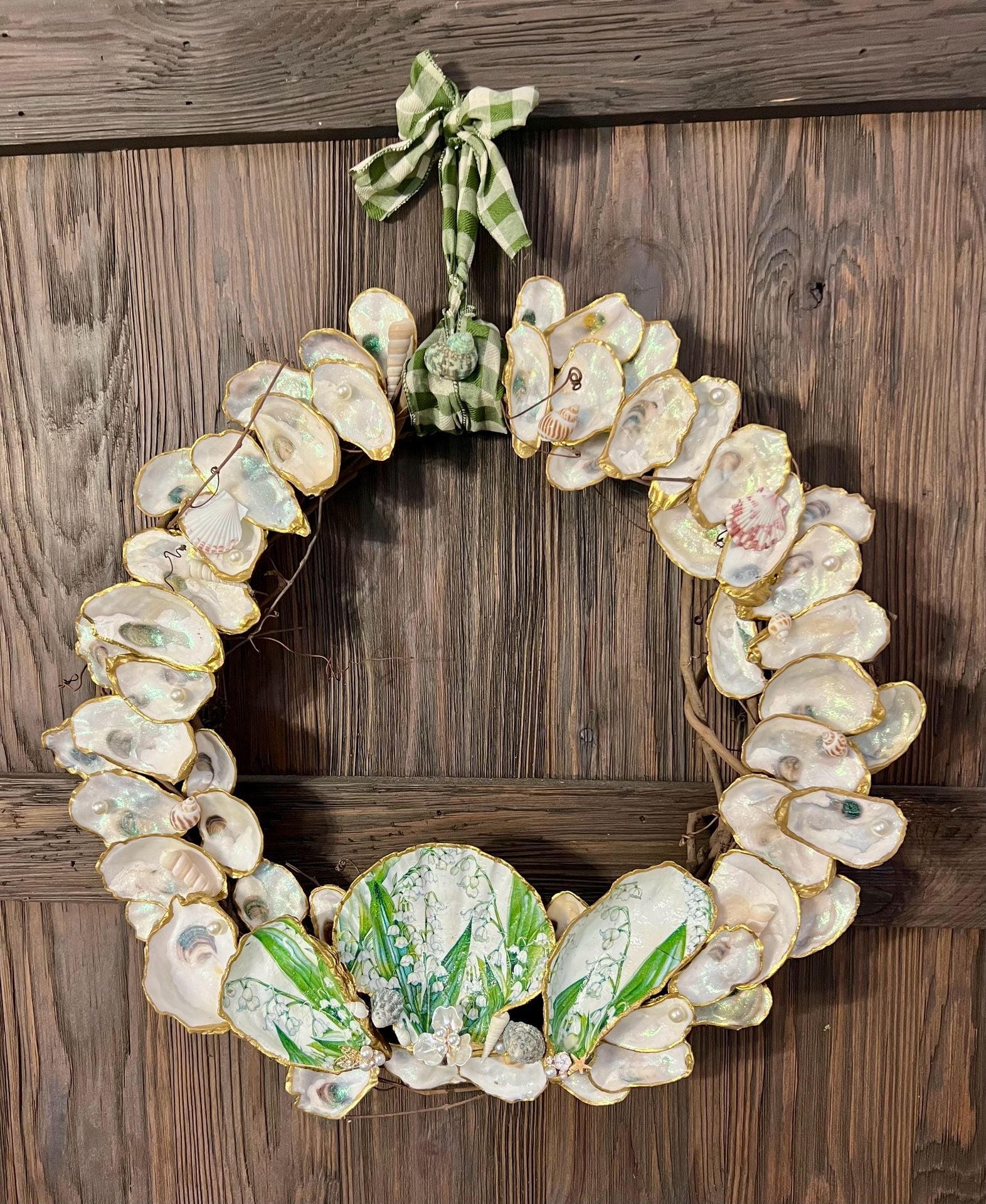 Handmade Gilded Oyster Shell Wreath with Lily of the Valley Scallop Centerpiece and Green Gingham Bow 1