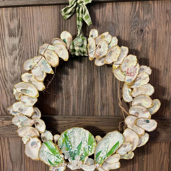 Handmade Gilded Oyster Shell Wreath with Lily of the Valley Scallop Centerpiece and Green Gingham Bow