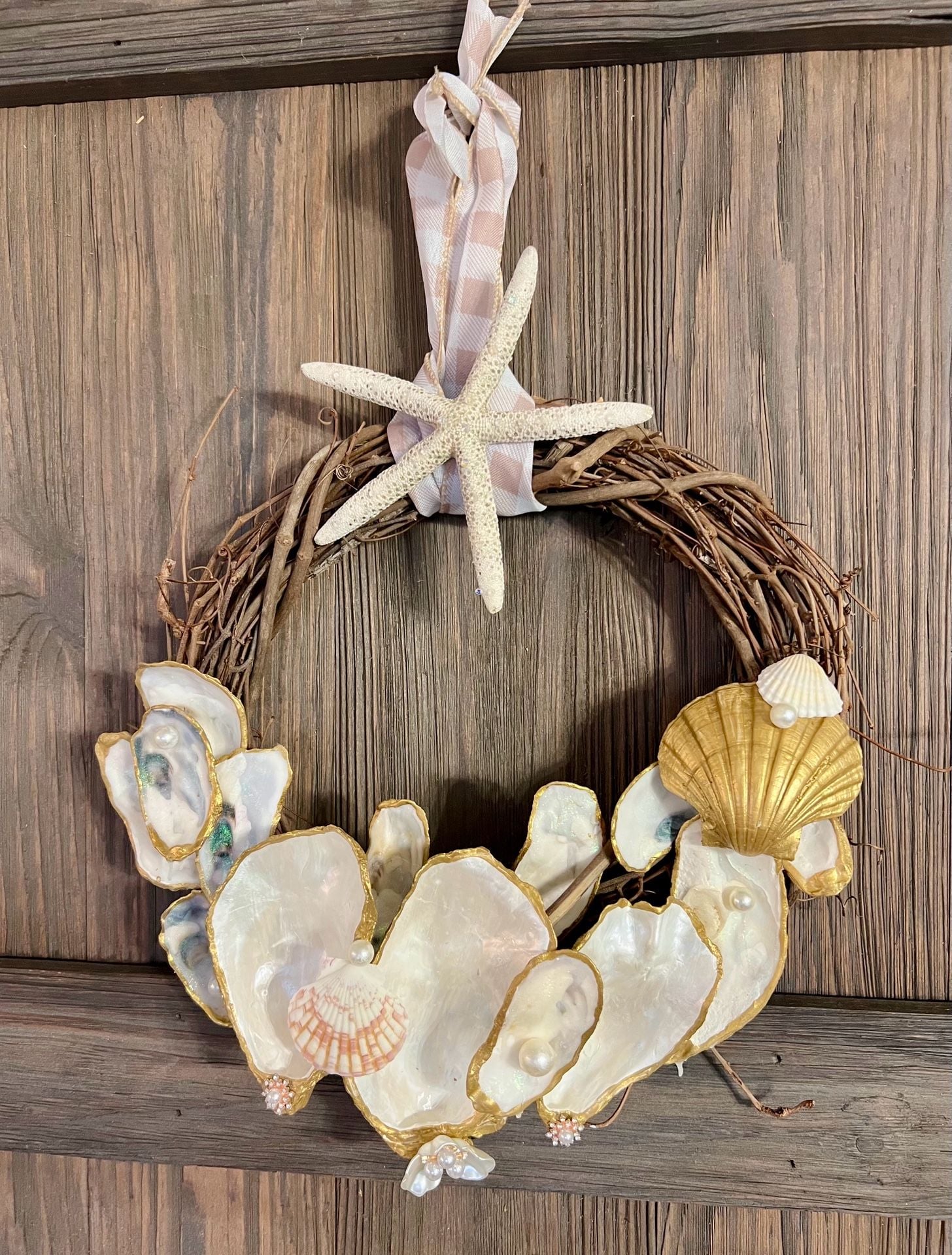 Handmade Coastal Oyster Shell and Starfish Grapevine Wreath with Gold Accents 1