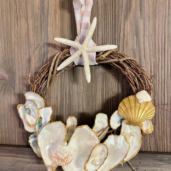 Handmade Coastal Oyster Shell and Starfish Grapevine Wreath with Gold Accents