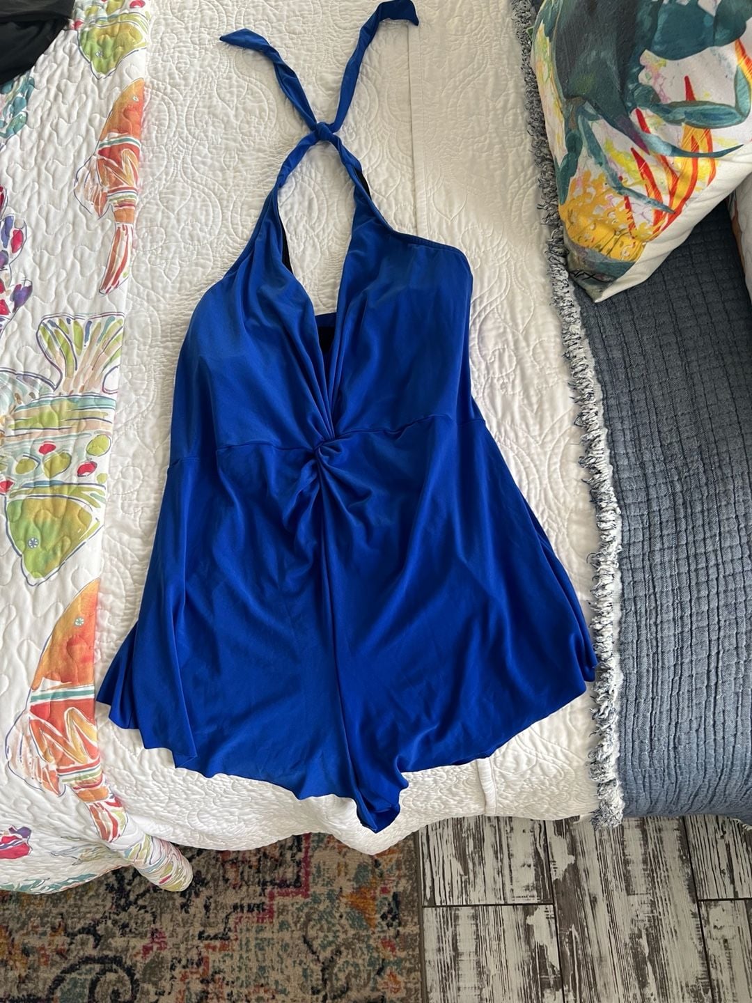 BloomChic Twist Front Pockets Swim Romper, Royal Blue 2