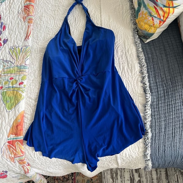 BloomChic Twist Front Pockets Swim Romper, Royal Blue