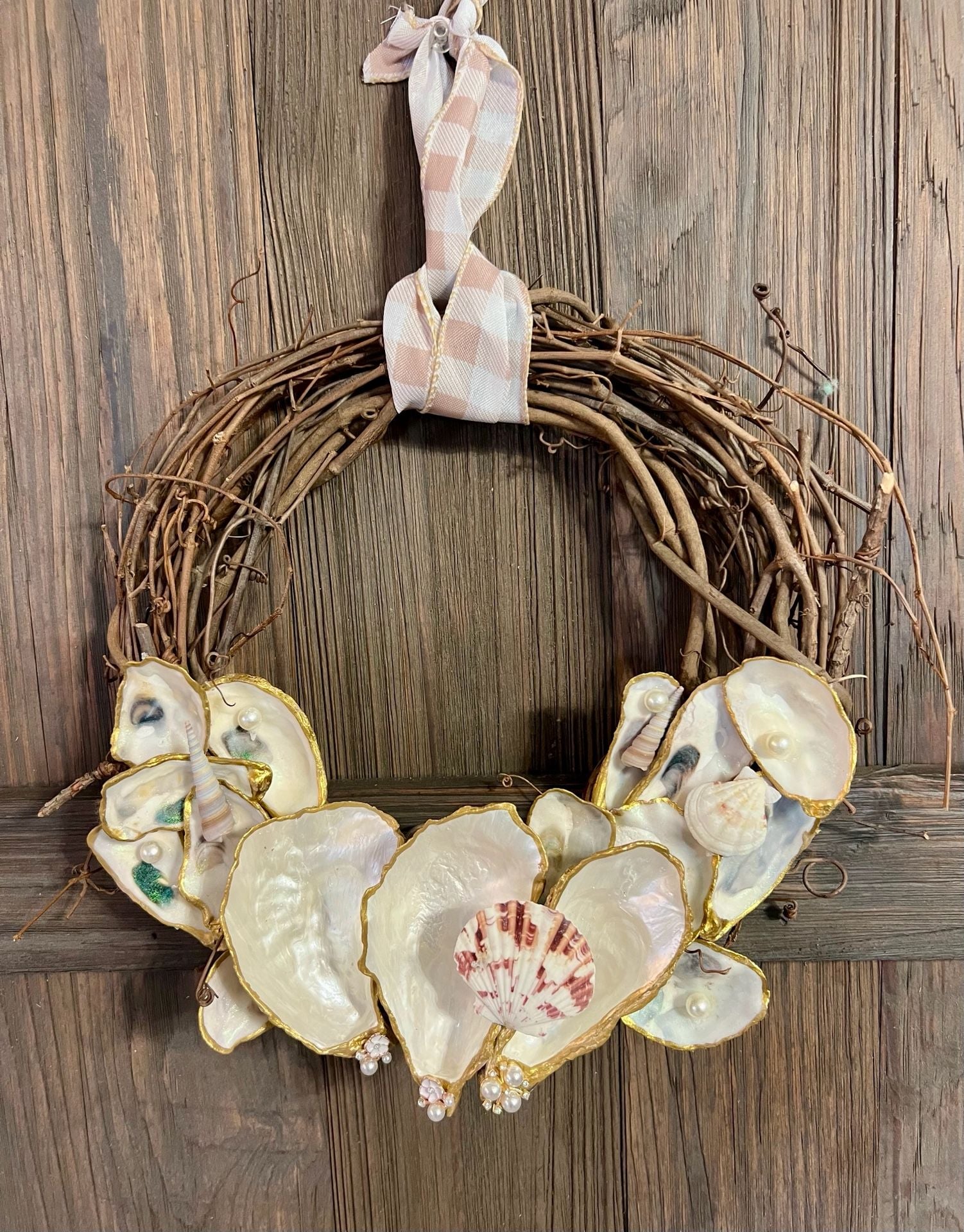 Handmade Oyster Shell Grapevine Wreath with Gold Trim and Gingham Ribbon 1