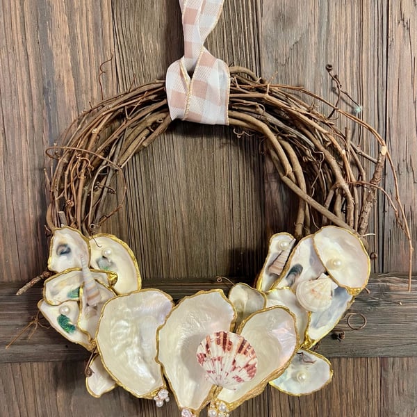 Handmade Oyster Shell Grapevine Wreath with Gold Trim and Gingham Ribbon