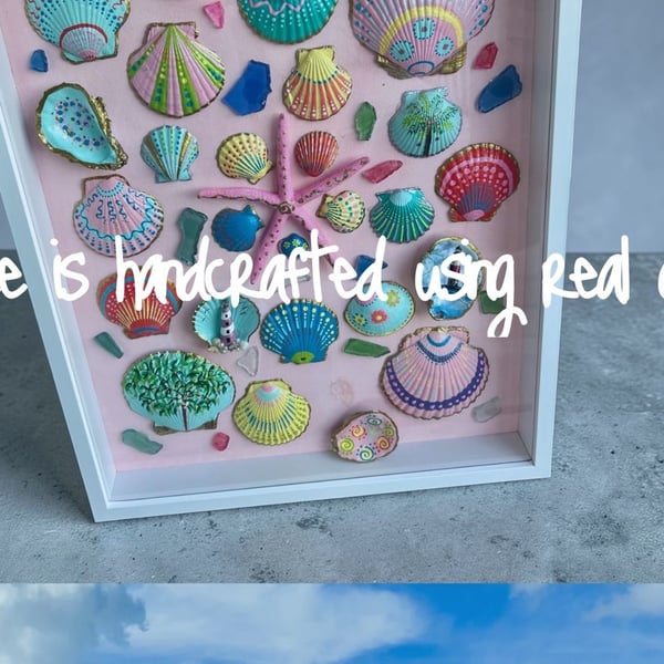 Ride the Wave Coastal Art Hand-Painted Sea Shell and Starfish Shadow Box Wall Decor