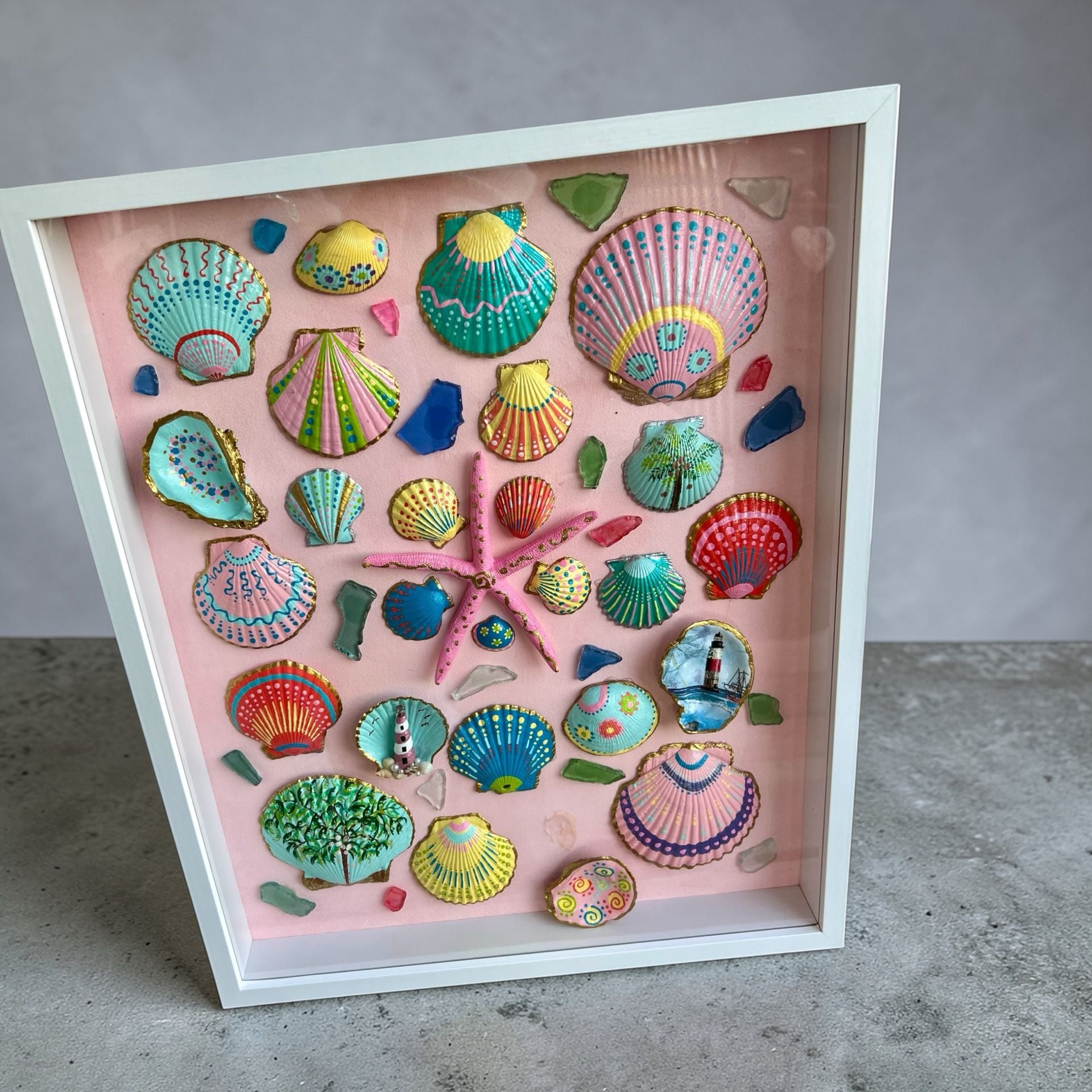 Ride the Wave Coastal Art Hand-Painted Sea Shell and Starfish Shadow Box Wall Decor 2