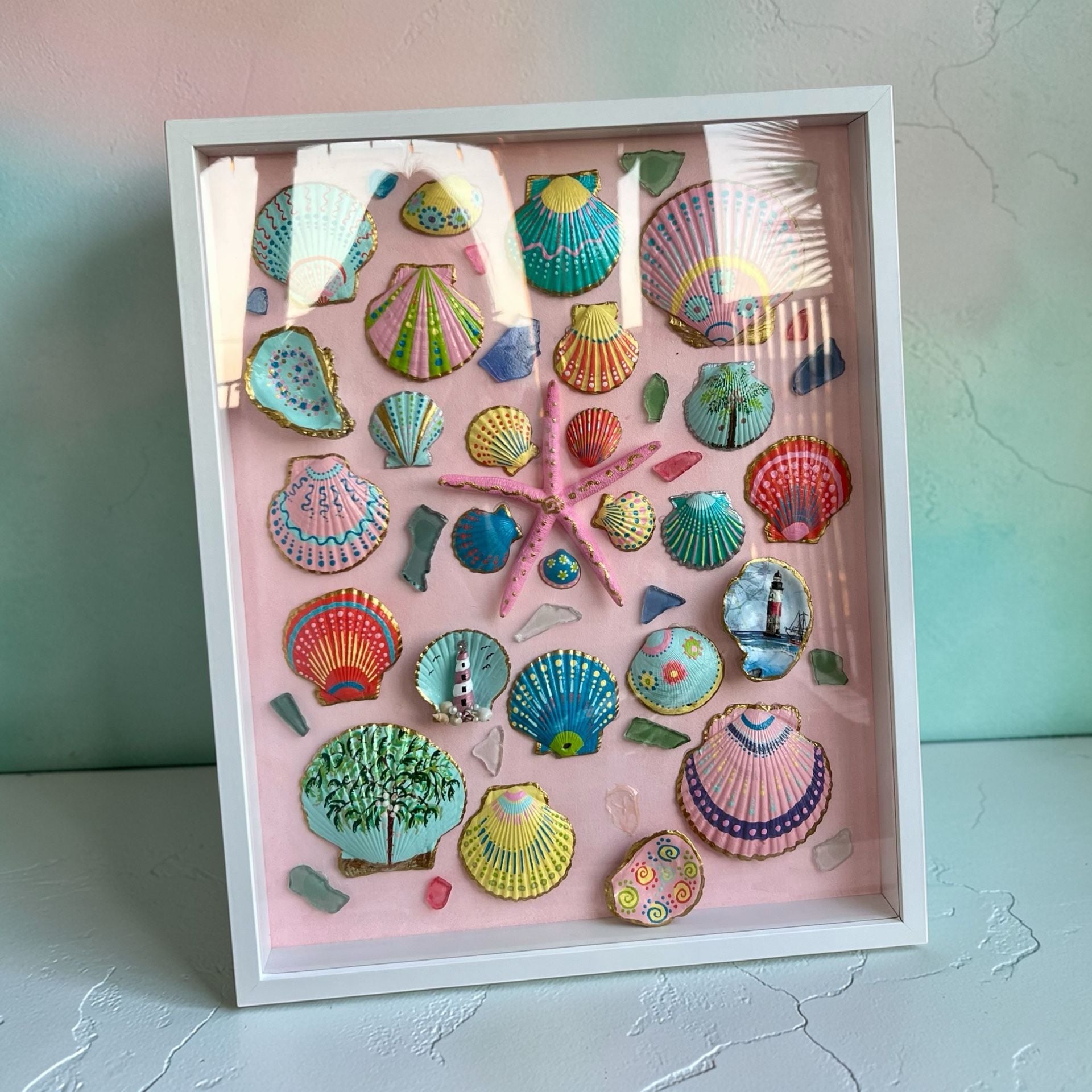 Ride the Wave Coastal Art Hand-Painted Sea Shell and Starfish Shadow Box Wall Decor 5