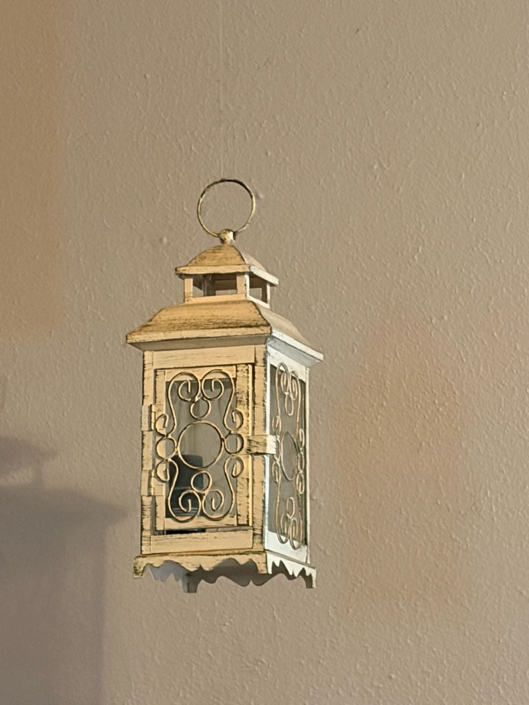 Gallery of Light Distressed White Scrollwork Metal and Glass Candle Lantern 1