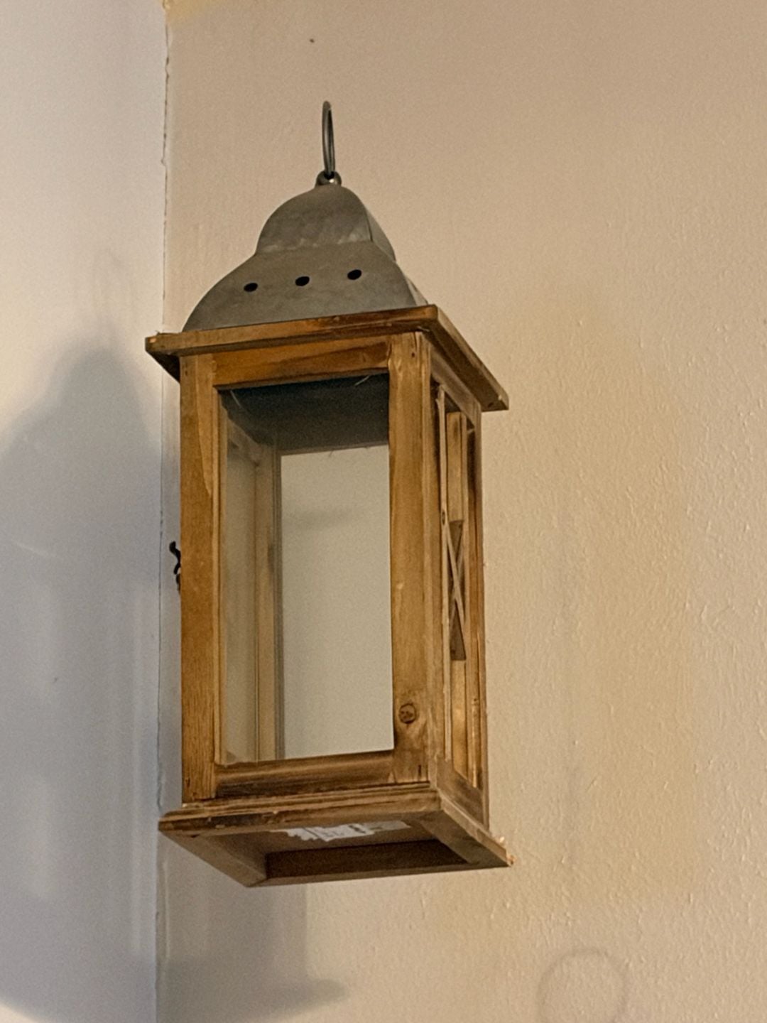 Rustic Farmhouse Wooden Lantern with Galvanized Metal Top and X-Design Side Panels 1
