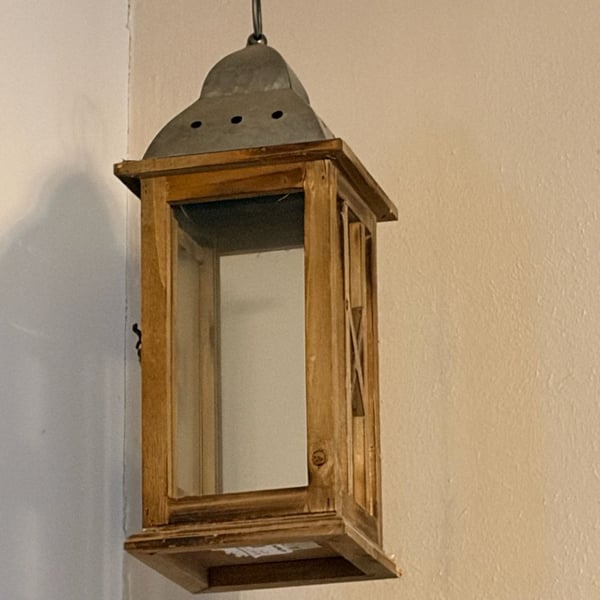 Rustic Farmhouse Wooden Lantern with Galvanized Metal Top and X-Design Side Panels