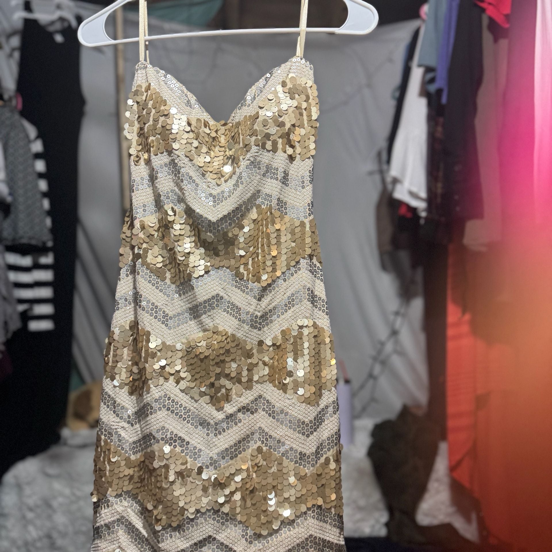 Express Gold and Silver Sequin Chevron Mini Dress 6
