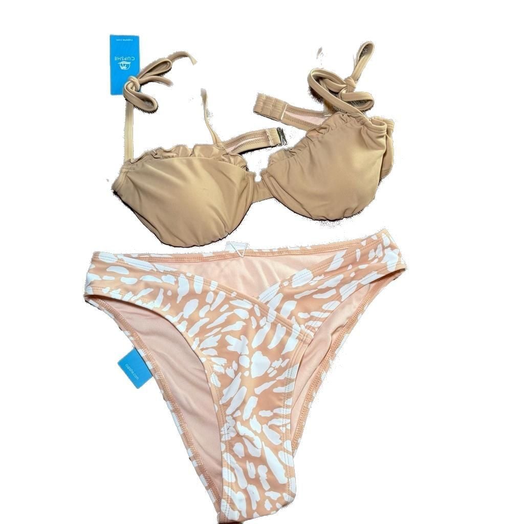 Cupshe Bikini Set Small Tan Ruffle Underwire Top V Front Bottoms 5