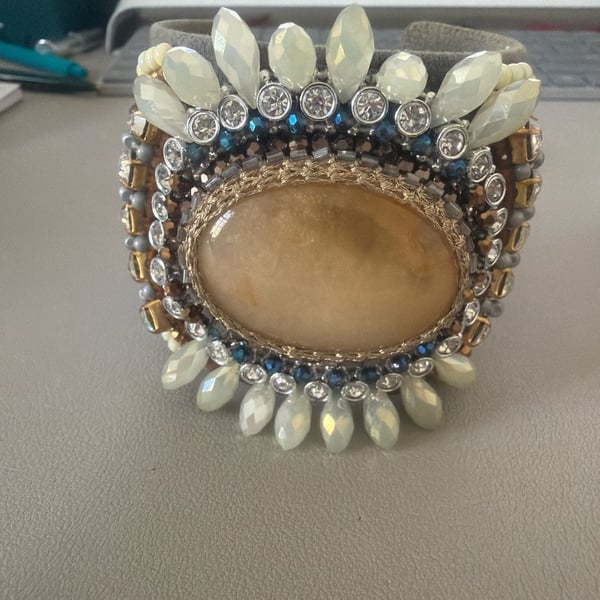 Ottaviani Bijoux Beaded Statement Cuff Bracelet with Large Oval Stone and Crystals