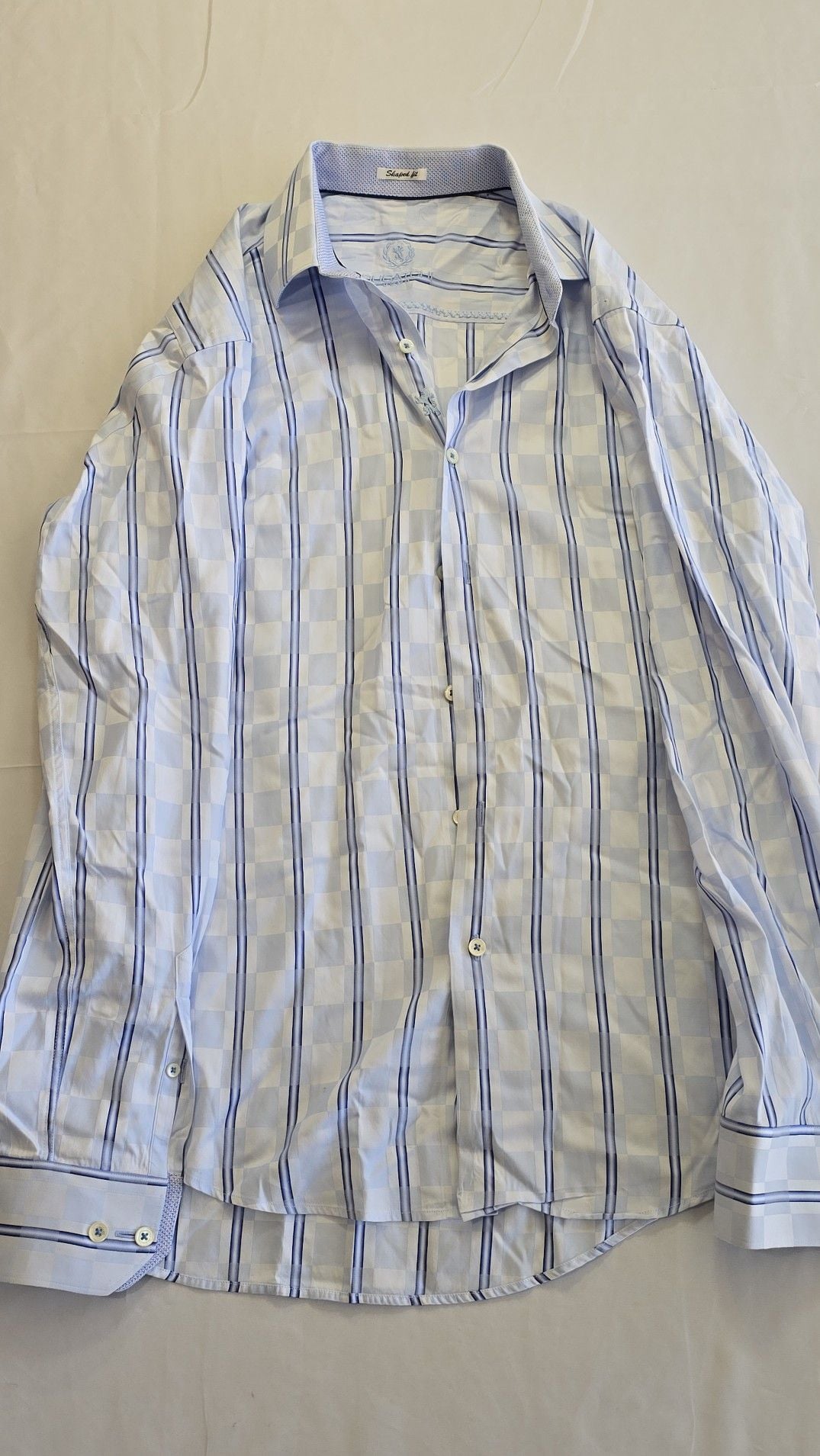 Bugatchi Uomo Shaped Fit Blue Striped Checkered Long Sleeve Shirt Size Large 2