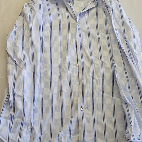 Bugatchi Uomo Shaped Fit Blue Striped Checkered Long Sleeve Shirt Size Large