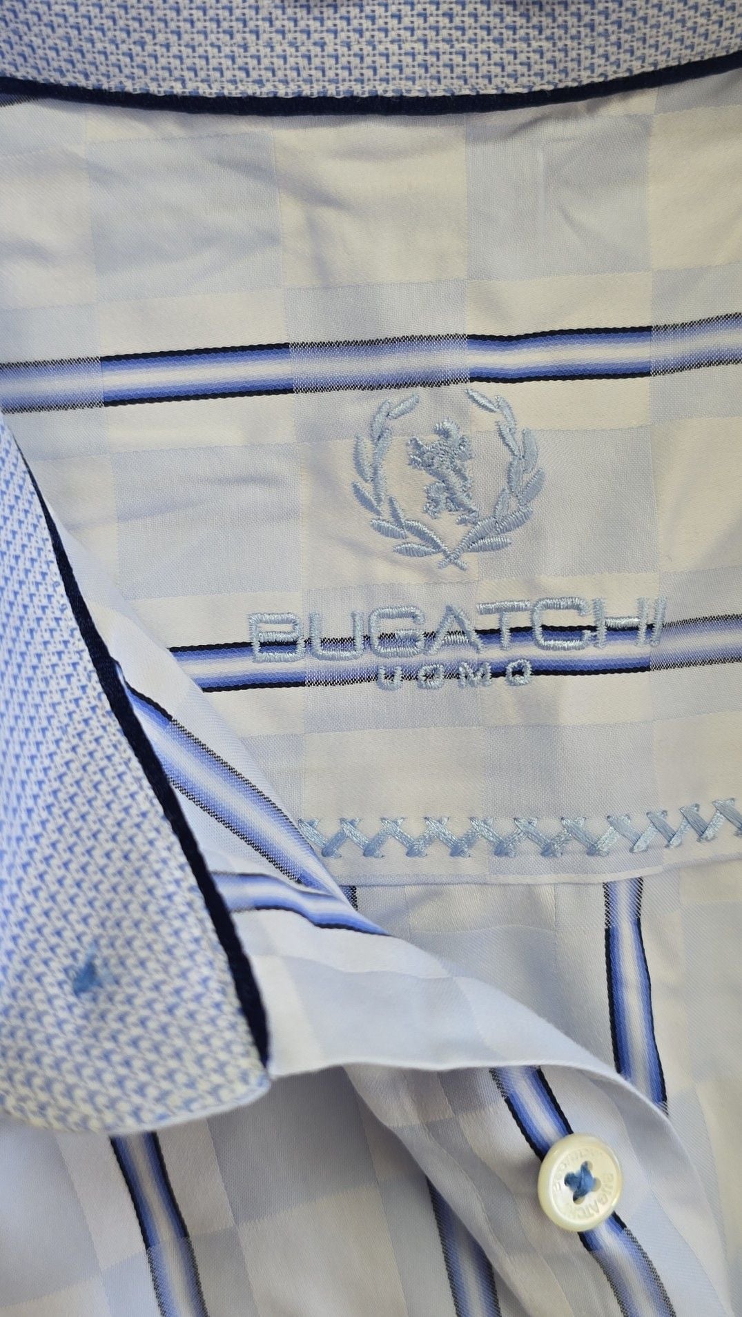 Bugatchi Uomo Shaped Fit Blue Striped Checkered Long Sleeve Shirt Size Large 3
