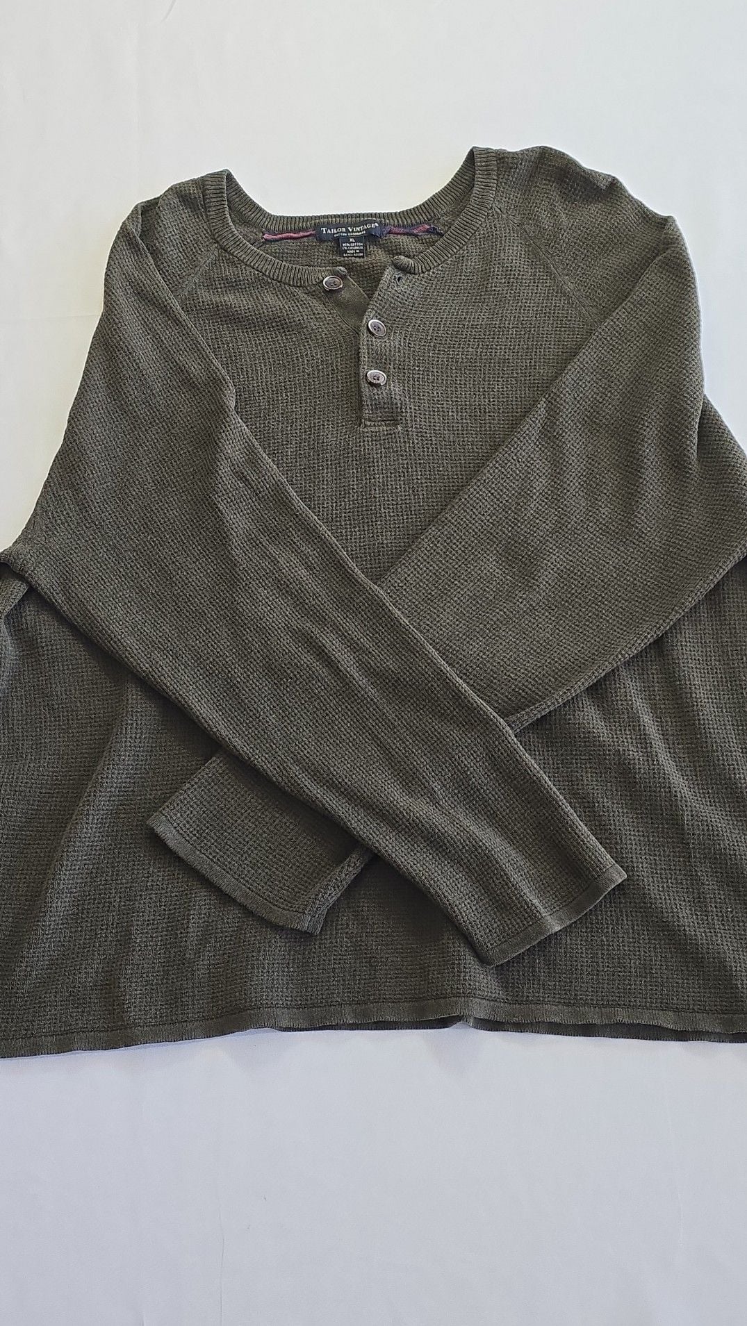Tailor Vintage Cotton Cashmere Waffle Knit Henley Shirt XL 1