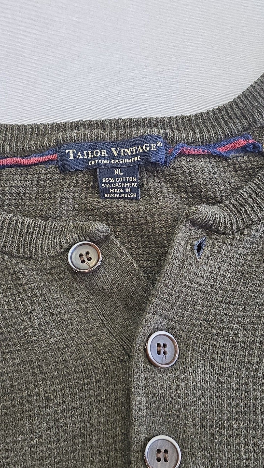 Tailor Vintage Cotton Cashmere Waffle Knit Henley Shirt XL 2