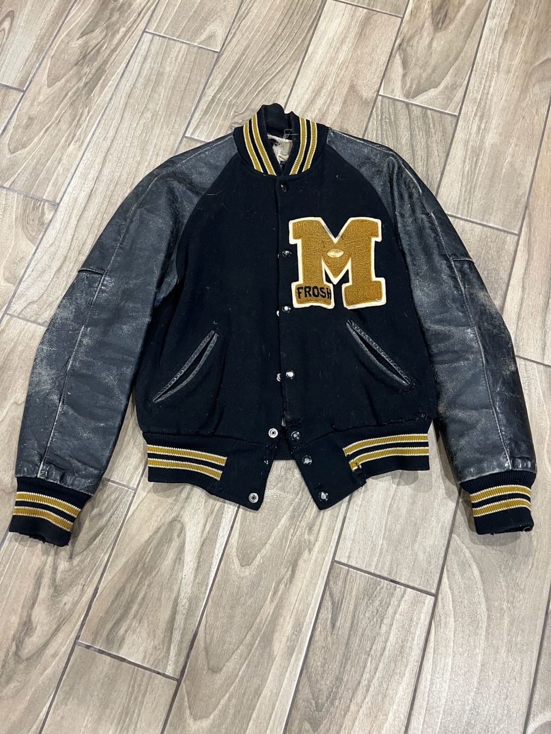 Vintage Diamond Hardware & Sporting Goods Varsity Letterman Jacket Size S Black Leather Wool 2