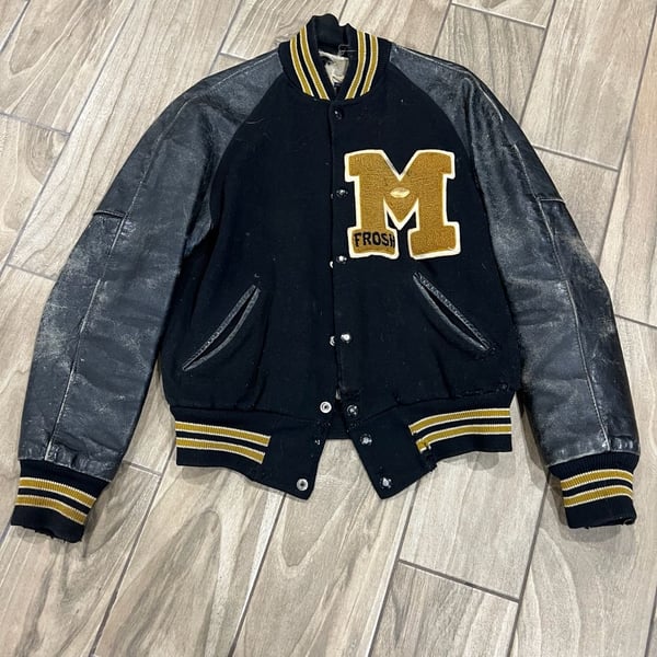 Vintage Diamond Hardware & Sporting Goods Varsity Letterman Jacket Size S Black Leather Wool
