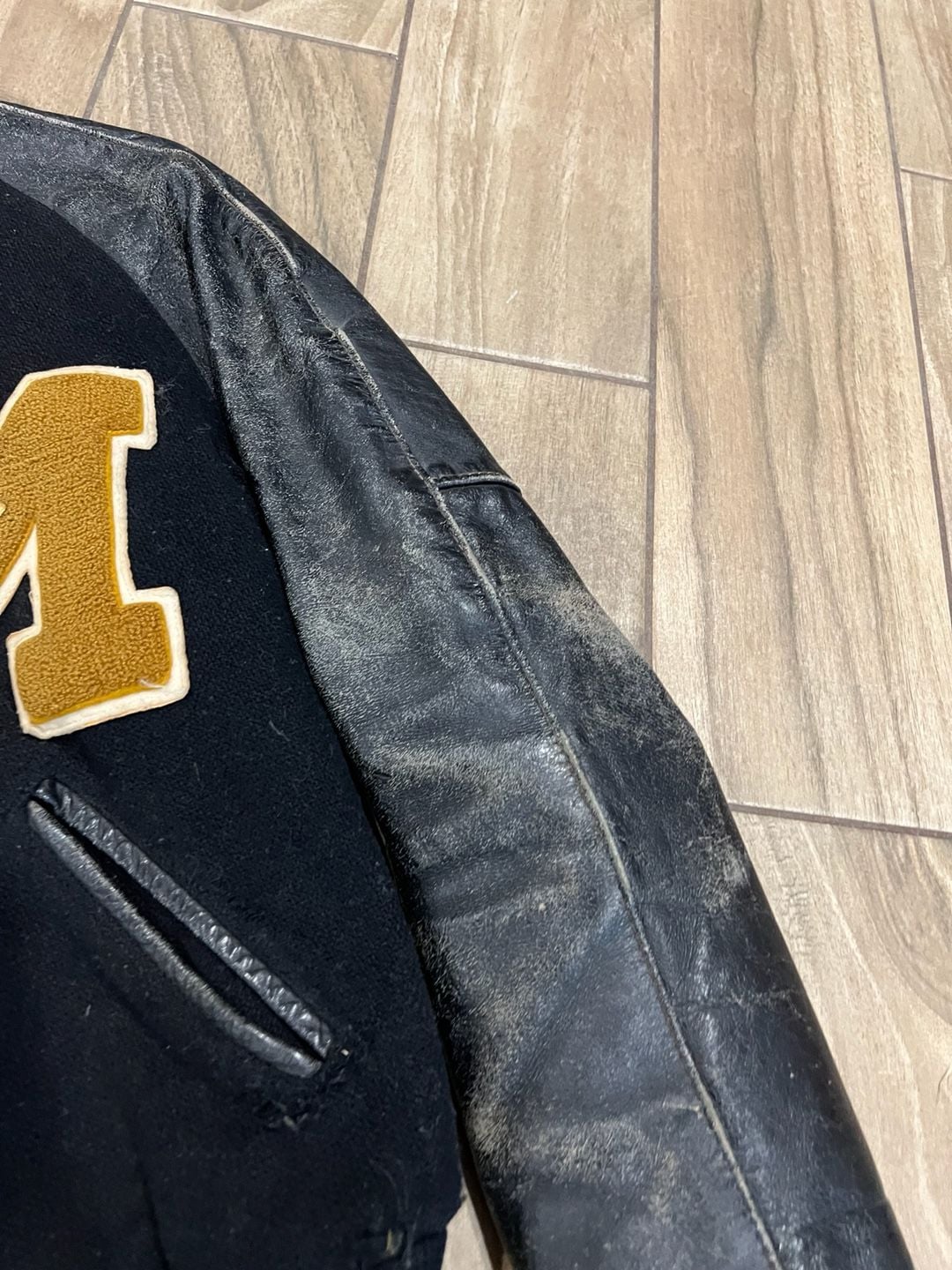 Vintage Diamond Hardware & Sporting Goods Varsity Letterman Jacket Size S Black Leather Wool 5