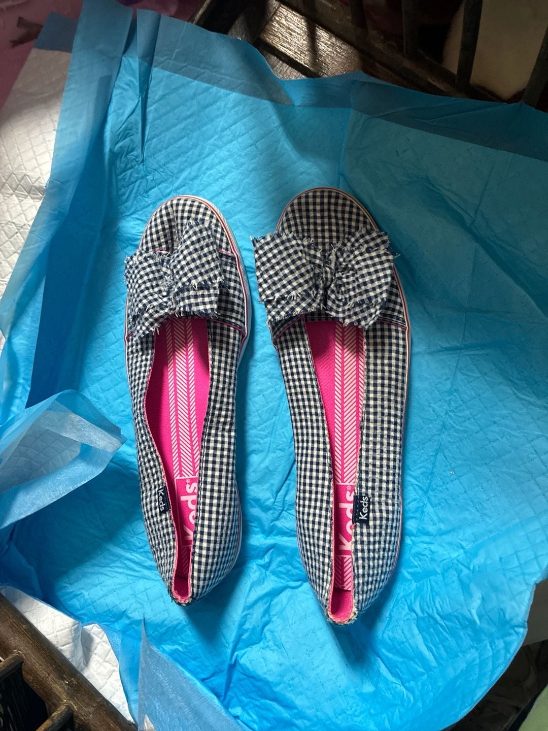 Keds Navy and White Gingham Bow Slip-On Sneakers 2