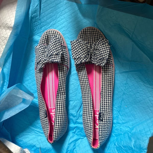 Keds Navy and White Gingham Bow Slip-On Sneakers