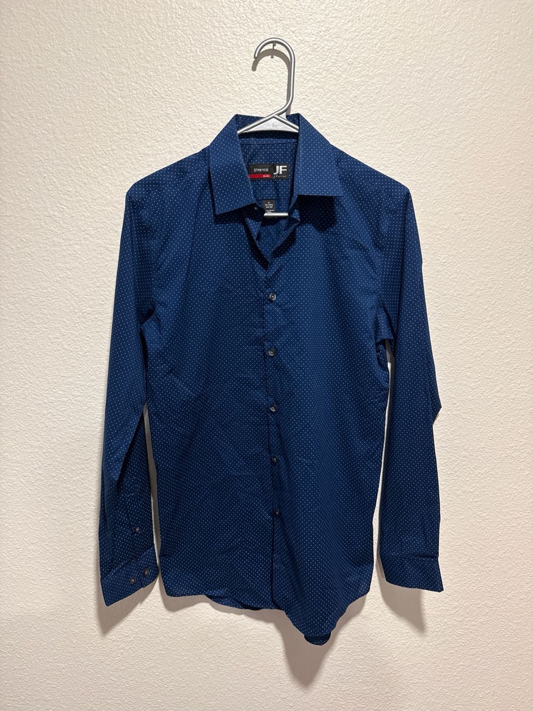 J.Ferrar Slim Fit Stretch Long Sleeve Dress Shirt Blue Polka Dot Size S 14-14.5 32-33 2