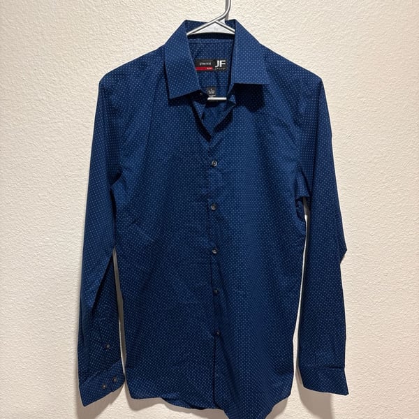J.Ferrar Slim Fit Stretch Long Sleeve Dress Shirt Blue Polka Dot Size S 14-14.5 32-33