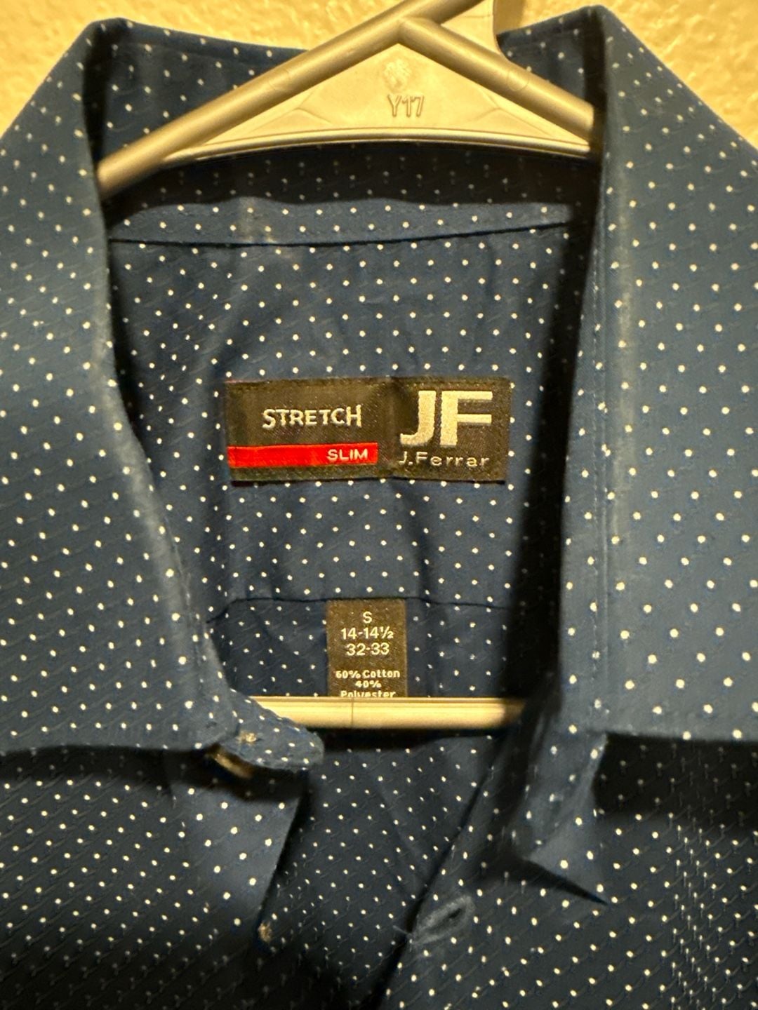 J.Ferrar Slim Fit Stretch Long Sleeve Dress Shirt Blue Polka Dot Size S 14-14.5 32-33 3