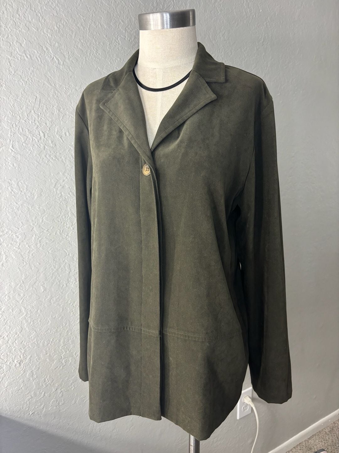 Inclinations Faux Suede Olive Green Button Front Jacket Size Small 2