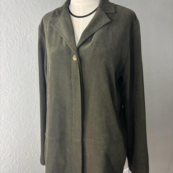 Inclinations Faux Suede Olive Green Button Front Jacket Size Small