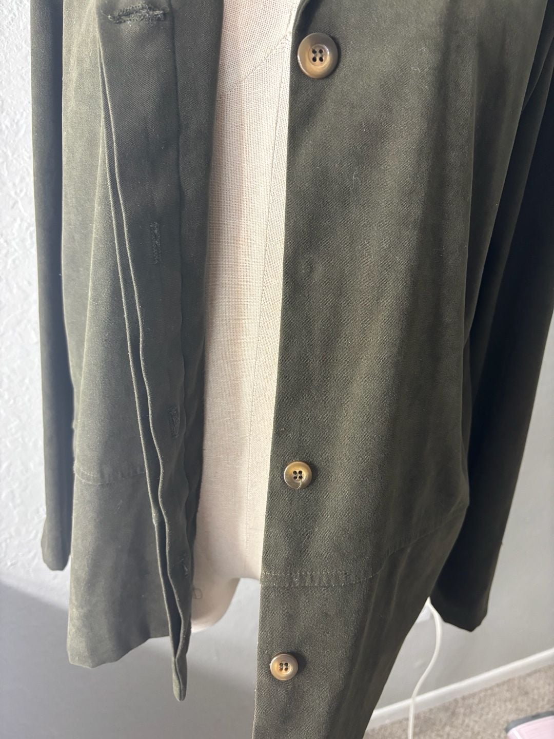 Inclinations Faux Suede Olive Green Button Front Jacket Size Small 11